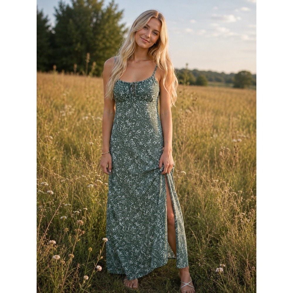 Milkmaid Cottagecore Floral Long Maxi Dress S Dainty Front Slit Keyhole Strappy